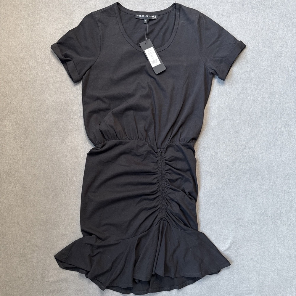 Veronica Beard Dress Womens Medium Black‎ Pima Ruched Flounce Short Sleeve NWT